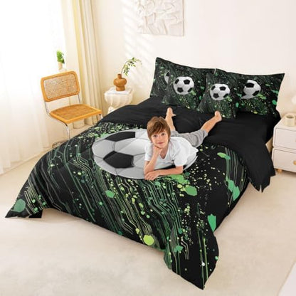 Erosebridal Soccer King Bedding Set - Football Bed in a Bag,Cool Sports Game Comforter Sets with Sheets, Hippie Graffiti Style 7 Pieces Bed Set Bedroom Decor