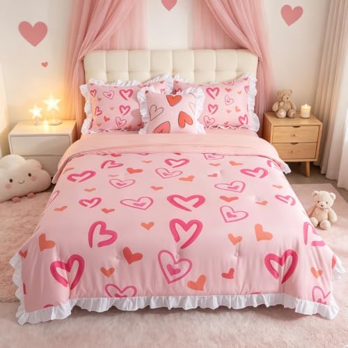 6 Pieces White Ruffle Comforter Set Twin Heart Bedding for Girls