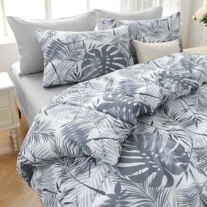 MUXHOMO Oversized King Comforter Set, Black Grey Elegant Floral Print Bed in a Bag 7 Pieces, Soft & Breathable Reversible Botanical Pattern Bedding Set with Comforter, Sheets, Pillowcases & Shams