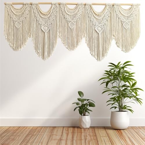 Extral Large macrame wall hanging, 71'' W x 32'' L boho wall art tapestry wall decor for urban entryway,living room,bedroom decor, headboard woven wall art, big fiber art over couch art for Yarn hallway (Wood Bead-B)