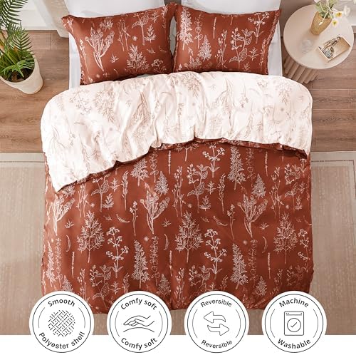 Love's cabin Terracotta Comforter Set Queen - Queen Size Comforter Set, 3 Pieces Cute Floral Bedding Sets for All Seasons,1 Soft Reversible Botanical Flowers Comforter and 2 Pillow Shams