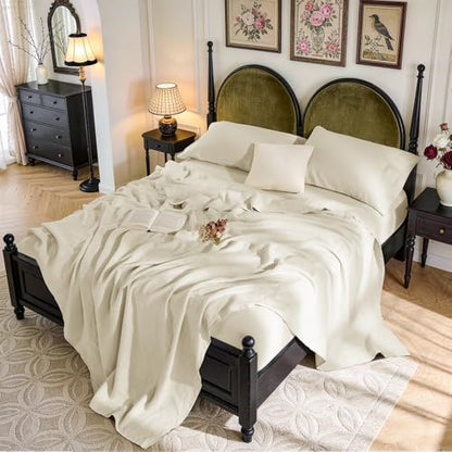 SONORO KATE 100% French Linen Twin XL Size Sheets Set,Natural Flax Bedding