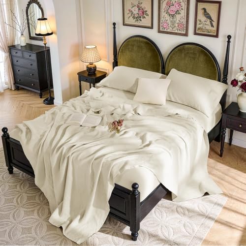 SONORO KATE 100% French Linen Cal King Size Sheets Set,Natural Flax Bedding