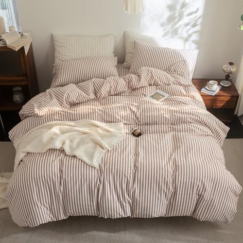 FOSSA Striped Duvet Cover Set 100% Washed Cotton Linen Feel King