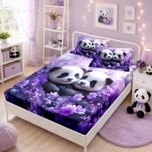 HOSIMA Kids Cute Panda Bedding Sets Full,1 Fitted Sheet+2 Pillowcases.