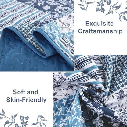 Mybedsoul King Size Quilt, Boho Patchwork Floral Bedding Set, Navy Blue