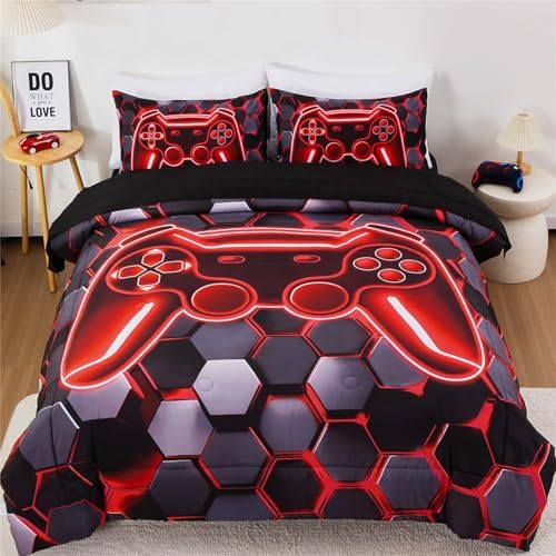 NTBED 3D Gaming Comforter Set for Boys Kids Teens,5pcs Gamer Bedding Sets with Sheet,Game Console Bed in a Bag (Red, Full)