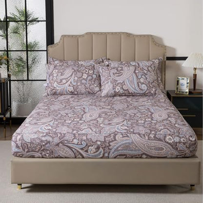 FADFAY King Size Bed Sheet Set, Vintage Paisley Floral Pattern, 100% Cotton Soft Crisp Breathable Sheets, Deep Pocket Fitted Sheet, 2 Envelope Pillowcases, Pet-Friendly, 4-Piece