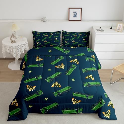 Feelyou Garbage Truck Toy Print Warm Comforter Setfor Kids Boys, Green Garbage Truck Bedding Set Cartoon Equipment Comforter Navy Blue Decor All Season Quilt Room 3Pcs Queen Size Boys