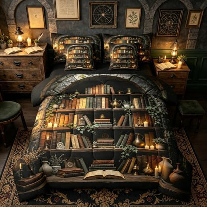 Erosebridal Bookshelf 7 Piece Bedding Set Full Vintage Rustic Witchy Comforter Set with Sheets Dark Farmhouse Country Books Bed in a Bag Wooden Board Reading Bed Sets Comforter