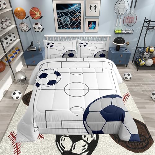 Football Kids Boys Comforter Set Full Size, Soccer Ball Pattern Bedding Set for Teens Bedroom Sports Theme Down Comforter Breathable Football Court Duvet Set Gamer Room Decor Polyester Quilt Set