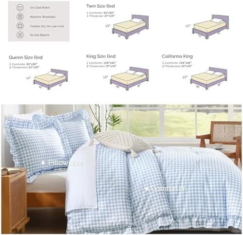 Andency Blue Gingham Ruffle Comforter Full, 3 Pieces Vintage Bedding