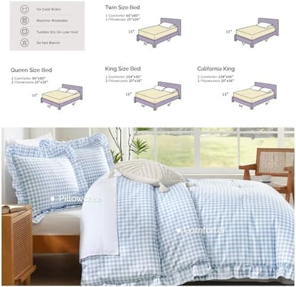 Andency Blue Gingham Ruffle Comforter Full, 3 Pieces Vintage Bedding