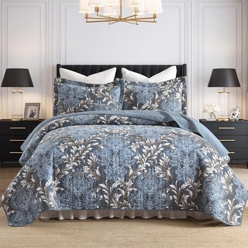 100% Cotton Reversible Quilt Set, Classic Damask, Blue & White, King Size