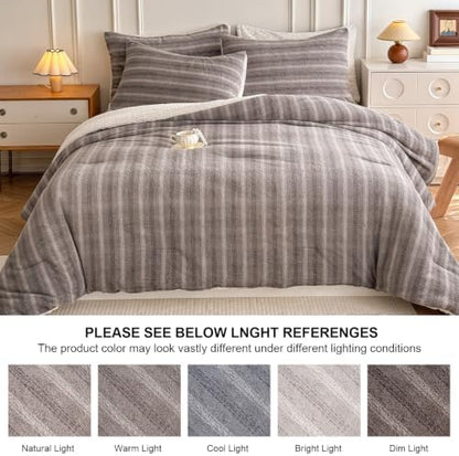 Cyusri Striped Sherpa Comforter Set 3Pcs Fluffy Warm Fleece Down Alternative, Grey Stripe Bedding Set with 2 Pillowcases, Queen Size 90"x90"