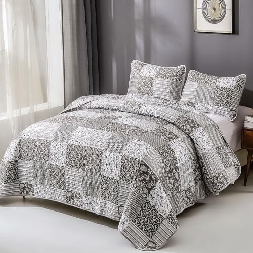 Mybedsoul Boho Quilts Queen Size, Floral Patchwork Bedding Set, Grey