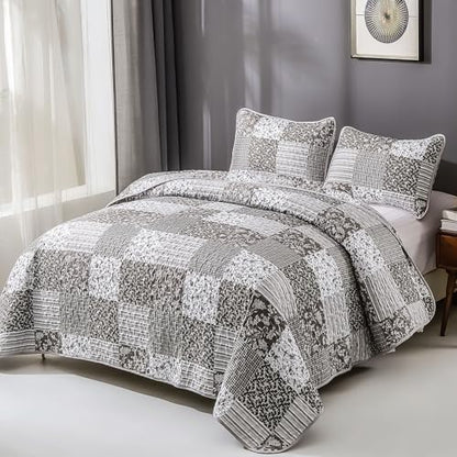 Mybedsoul Boho Quilts Queen Size, Floral Patchwork Bedding Set, Grey