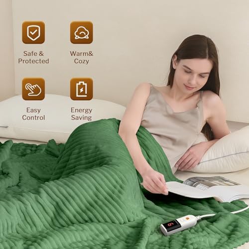 Reaks Heated Blanket Full, 9 Heat Levels, 2-10H Auto-Off, 72"x84", Green