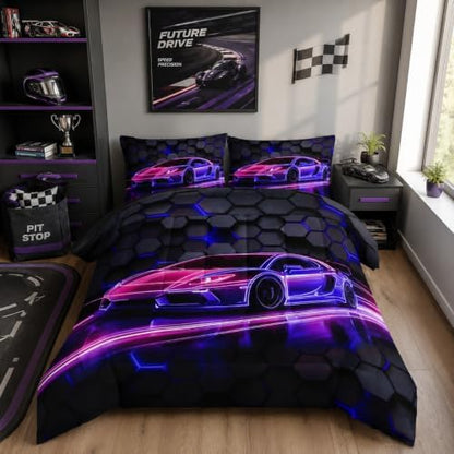 HOSIMA Hexagon Geometric Race Car Queen Comforter Set with 2 Pillowcases.