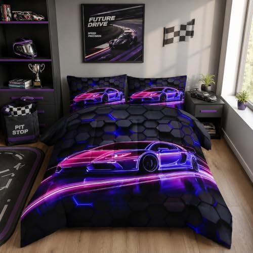 HOSIMA Hexagon Geometric Race Car Twin Comforter Set with 2 Pillowcases.