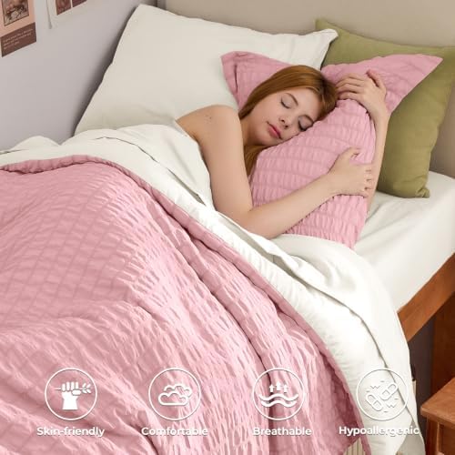 HYMOKEGE Pink/Ivory Twin Comforter Set Seersucker 5 Pieces, All Season Luxury Bed in a Bag for Bedroom, Bedding Set with Comforter, Sheets, Pillowcase & Sham