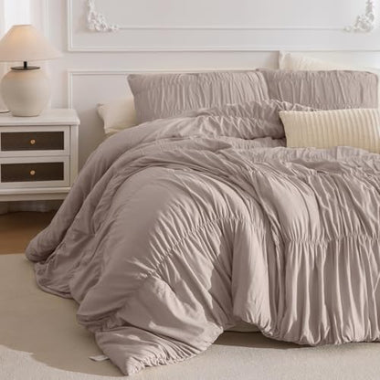 Masaca Oversized King Comforter 120x120,3 Pieces Taupe Ruched Comforter Extra Large,Ruffle Cal King Bed Comforter Oversized Lightweight Shabby Farmhouse Bedroom Bedding Set Ultra Soft