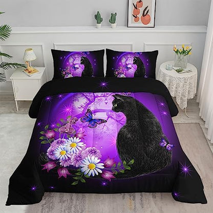Axolotl Black Cartoon Cat Bedding Comforter Set King,Cute Cat Bedding for Kids,Daisy Butterflies Print Kids Bedding for Boys Girls Adults,Animal Flowers Comforter Set All Season,1 Quilt 2 Pillow Cases