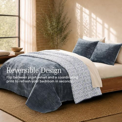 BLOOMHAVEN Blue Velvet Quilt King Size - Reversible King Quilt Bedding Set