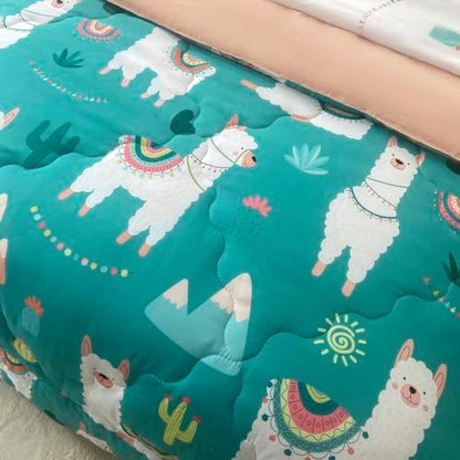 Wajade Kids Llama Comforter Set Bed in A Bag Queen Size 7 Piece Cute Alpaca Tropical Plant Cactus Bedding Set for Girls Boys (1 Comforter, 1 Flat Sheet, 1 Fitted Sheet, 2 Pillowcase and 2 Pillow Sham)