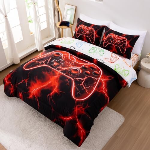 Meeting Story 5-Piece Boys Comforter Set Full Size Game Console Bedding Set for Kids Teen 3D Red Gamepad Gaming Bed in a Bag Matching Sheet Set(Red)