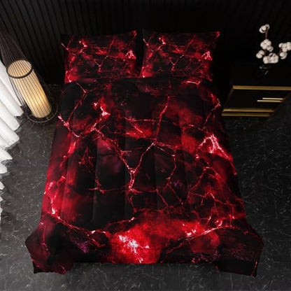 Nttopship Red Comforter Set King Size，Red Marble Bedding Set 3 Pcs Bedding for Adults, Marble Room Decor with Comforter and 2 Pillowcases Soft and Lightweight B-Side Black