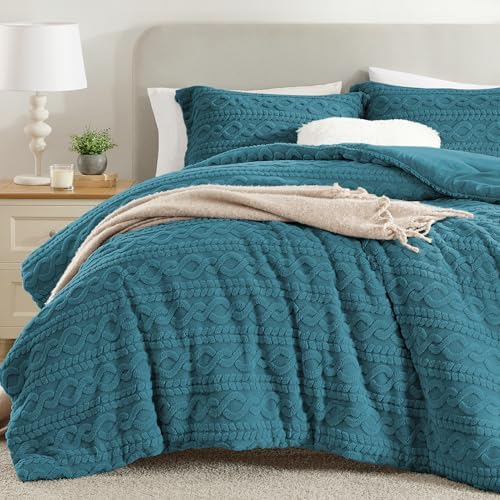 Homelike Moment Fleece King Comforter Set Blue, Fluffy Bed Set 3 Piece