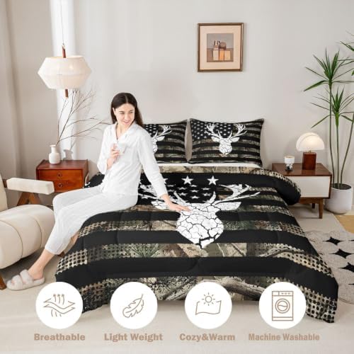 Feelyou Camo American Flag Deer Hunting Comforter Set King Size Bedding Set