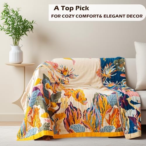 VANJOROY Boho Throw Blanket 100% Organic Cotton 60x80 for Bed Couch, Floral