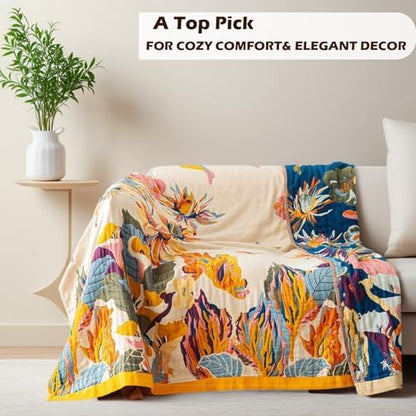 VANJOROY Boho Throw Blanket 100% Organic Cotton 60x80 for Bed Couch, Floral