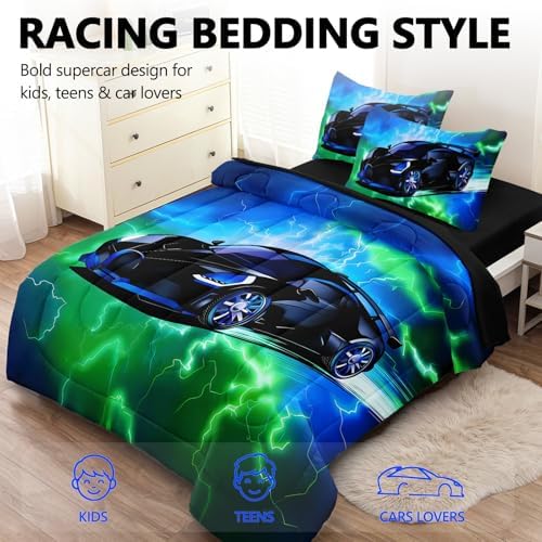 3 Pcs Boys Twin Car Bedding Sets for Teens, Green Blue Lightnings Car Twin Comforter Set for Boys