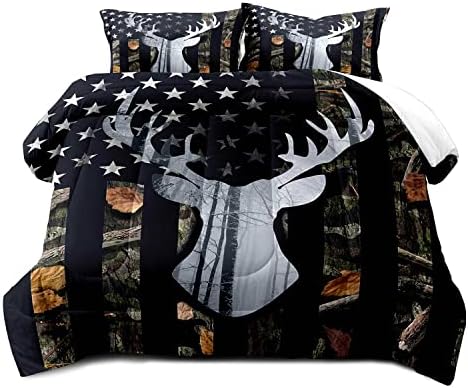 LUVIVIHOME 2PCS Deer Hunting Comforter Set Twin Size, Camo Bed Set Patriotic Black American Flag Bedding, Forest Animal Wildlife Country Lodge Rustic Farmhouse Cabin Camouflage Quilt, 1 Pillow Sham