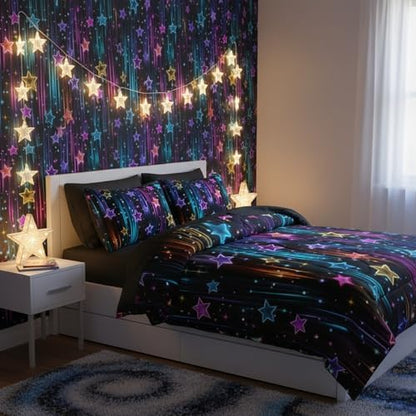 QOOMO Glitter Star 7 Pieces Comforter Set Twin Size,Neon Star Bedding Set