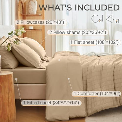 MUXHOMO 7 Pieces California King Comforter Set, Seersucker Bed in a Bag Cal King Size, All Season Luxury Bedding Set with Comforter, Flat Sheet, Fitted Sheet, Pillowcases & Shams, Khaki