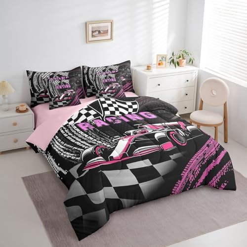 Girls Race Car 7 Pieces Bedding Set Twin Bed in a Bag,Women Racing Game Comforter Set with Comforter,Flat,Fitted Sheet,Pillowcases,Pillow Covers,3D Pink Race Car Soft Warm Microfiber Bedding