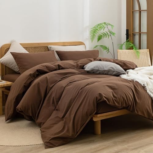 BESTOUCH Cotton Solid Duvet Cover Set Linen Feel Cocoa Brown Alaska King