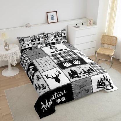 Deer Bear Comforter Set King Size,Pine Trees Christmas Bedding Set for Kids Boys Girls Adults Room Decor,Camping Adventure Rustic Farmhouse Down Comforter,Black Retro Duvet Insert,2 Pillowcases