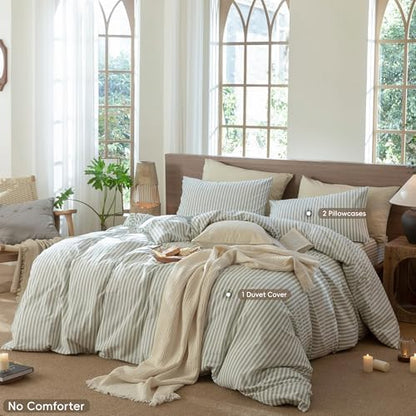 MooMee Striped Duvet Cover Set 100% Washed Cotton Linen Like Cal King