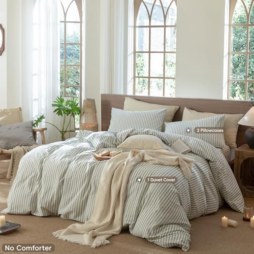 MooMee Striped Duvet Cover Set 100% Washed Cotton Linen Like Full