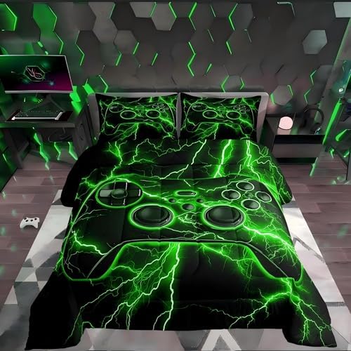 Erosebridal Gamer Comforter Set Gaming King Bedding Set, Video Game Console Comforter Green Lightning Duvet Insert,Boys Bedroom Decor