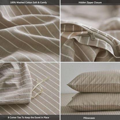 MooMee Striped Duvet Cover Set 100% Washed Cotton Linen Like