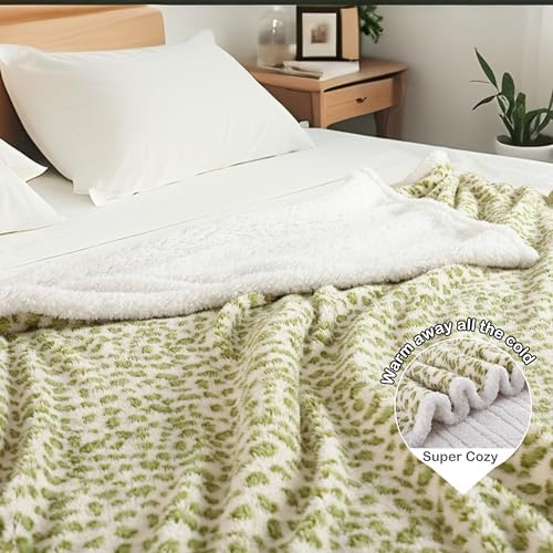 Electric Heated Blanket Throw Size 50"×60" with 9 Heating Levels & 1-10 Hs auto Off, Heating Throw Double Sided Sherpa, Energy Efficient, Machine Washable, Gifts for Women Leopard Print Green & White