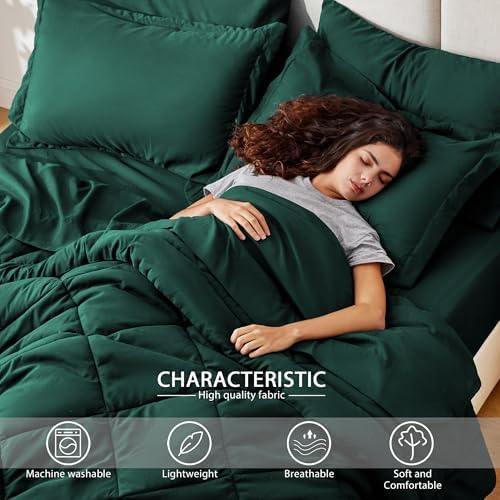 Love's cabin Queen Comforter Set Dark Green, 7 Pieces Queen Bed in a Bag, All Season Bedding Sets with 1 Comforter, 1 Flat Sheet, 1 Fitted Sheet, 2 Pillowcase and 2 Pillow Sham