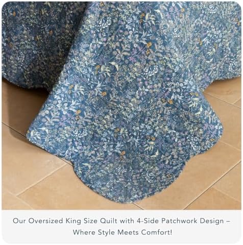 Lady Ann 100% Cotton Quilt Set,Oversized King Bedspread 120x120 for Extra Large Bed, Navy Blue Floral Botanical Pattern Printed Quilted Coverlet, 3 Pcs Vintage& Ultra Soft Bedding Set