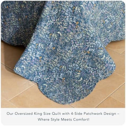 Lady Ann 100% Cotton Quilt Set,Oversized King Bedspread 120x120 for Extra Large Bed, Navy Blue Floral Botanical Pattern Printed Quilted Coverlet, 3 Pcs Vintage& Ultra Soft Bedding Set